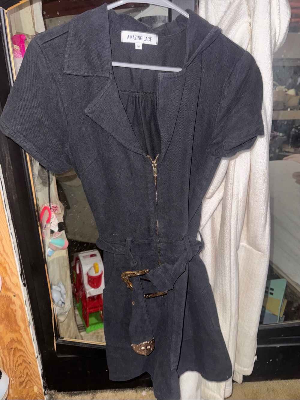 Amazing Lace Black Short Sleeve Zip-Front Dress with Belt